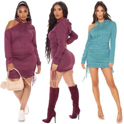 China Customized Viable Solid Bare Shoulder Hoodies Dresses Drawstring Pleated Bodycon Mini Sweatshirt Casual Dresses for sale