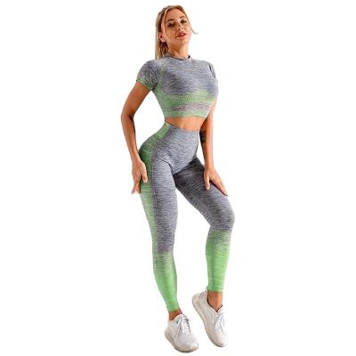 China QUICK DRY Customized Women Knitted Spandex Slim Worsted Yoga Shorts T-shirt Suit Contrast Bars Running Sport Two Piece Set for sale