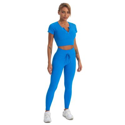 China Manufacturers Breathable Custom Women Solid Color Rib Knitted Yoga Casual Three Piece Seamless Set for sale