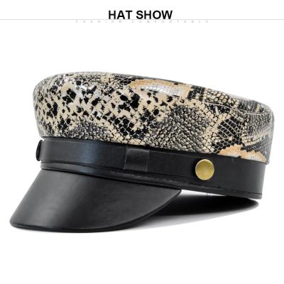 China High Quality Snake Pattern Navy Hat Fashion Lady's Octagonal Hat PU Beret Hat Korean British Hat Snake Pattern High Quality Hat for sale