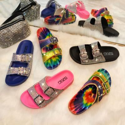 China Fashion Trend Color Double Buckle Diamond Decor Slipper Flat Slippers Woman for sale