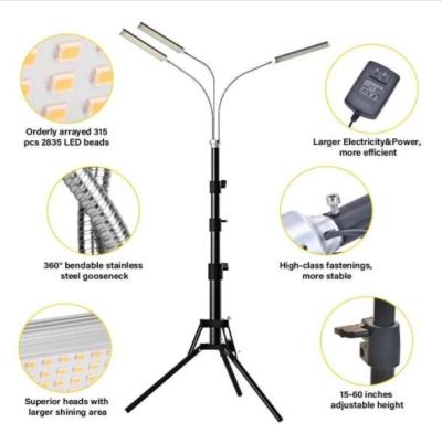 China Seed Starting Tripod Stand 3 Head Adjustable Gooseneck Full Spectrum LED Grow Lamp 315 LED Light Plant Lights With Auto On/Off Timer for sale