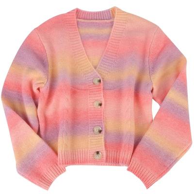 China Latest New Style Anti-Wrinkle Gradient Stripe Boutique Mohair Sweet Design Women's Top Cardigan for sale