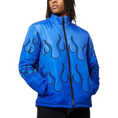 China Custom OEM Waterproof Fashionable 100%cotton Fire Pattern College Down Jacket Special Style For Men for sale