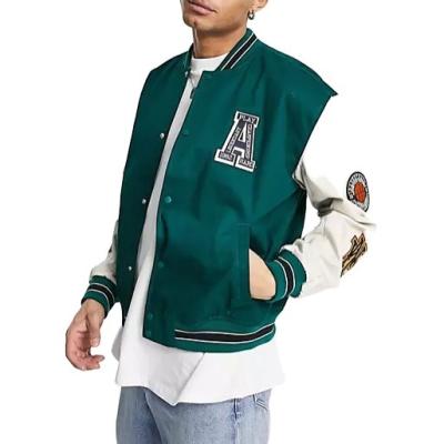 China OEM QUICK DRY custom oversized varsity bomber jacket green and beige cotton men's jacket for sale