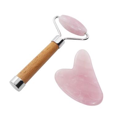 China Jade facial roller of face pink Rose quartz stone crystal jade gua sha sha set roller for face for sale