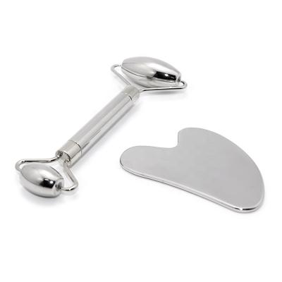 China Face Skin Care Tools V Shape Metal Gua Sha Massage Cooling Stainless Steel Face Roller for sale