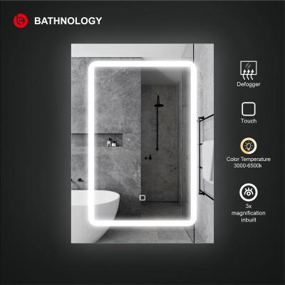 China MDA5703 Magnifying Frosting Silver Bathroom Touch Rectangle Bathroom Cabinet Glass Led Smart Mirror 5mm for sale