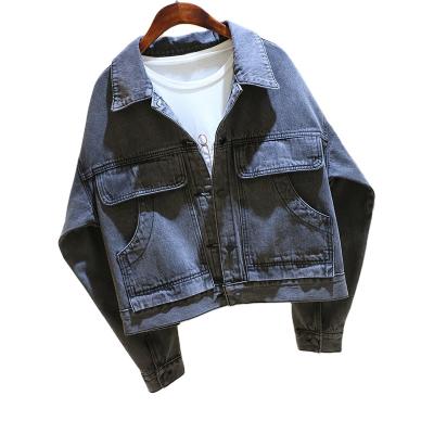 China 2021 Autumn Women Custom Made Denim Jacket Female Breathable Custom Sellers Bat Big Sleeve Big Pocket Cropped Black Oversized Denim Jacket Women for sale