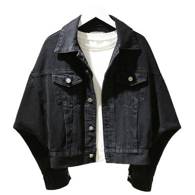 China 2021 Custom Made Black Denim Jacket Women Fashion Breathable Jean Jackets Bat Sleeve Jeans for sale