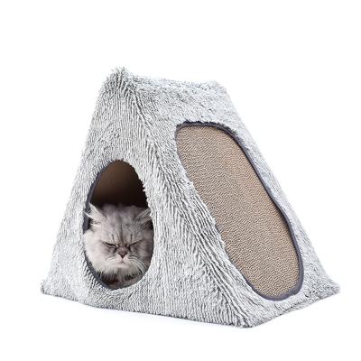 China Coral Panel Toys Scratch Cat Travel Pet Cardboard Scratcher Bed Plush Corrugated Paper Bed For Cat for sale