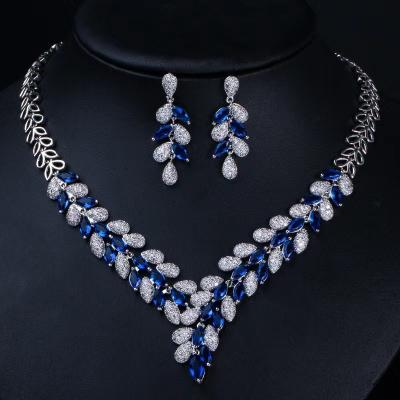 China FASHIONABLE Luxurious Leaves Densely Inlaid With Zircon Colored Gems Good Quality Fast Delivery 2PCS Jewelry Set for sale