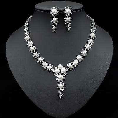 China TRENDY and elegant korean pearl zircon joker necklaces earrings brass jewelry set for sale