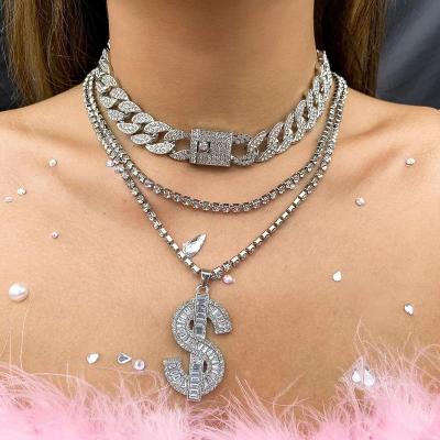 China Luxury Hiphop Iced Out Rhinestone Multi Layer Tennis Choker Chain Necklace For Women Cuban Dollar Pendant Necklace Buckle Jewelry for sale