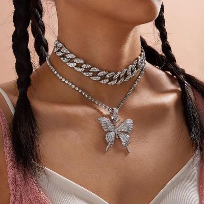 China Hiphop Women Hip Hop Iced Out Bling Butterfly Pendant With Tennis Chain With Cuban Chain Scarves Hiphop Jewelry Fashion Gifts for sale