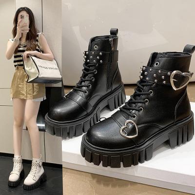 China Antislippery Fashion Chunky Heel High Heel Shoes Sexy Metal Rubber Buckle Rivets Pumps Lady Short Ankle Black Chunky Bottom Boots for sale