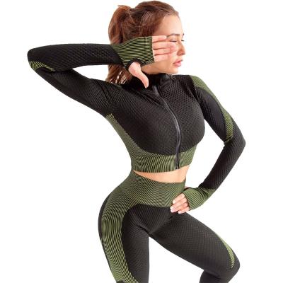 China Breathable Block Women Color Long Sleeve Yoga Set High Waist Yoga Leggings Long Sleeve Sports Gym Set Seamless Two Piece Zipper Set for sale