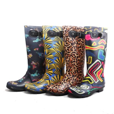 China Fashion Trend Manufacturer Factory High Quality Non-Slip Women Chelsea Mature long Print Colors Hunting Rain boots water-proof shoes for sale