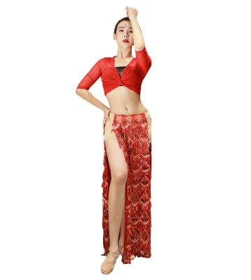 China QC3156 Comfortable Wuchieal Shiny Mesh Top And Sequin Tassel Skirt Set Belly Dance Lesson Wear for sale