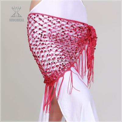 China Hip Scarf Haute Couture Rose Red Crochet Belly Dance Hip Scarf With Sequin for sale