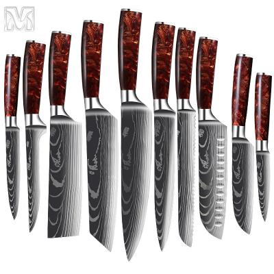 China Viable 10 Piece Chef Knife 9Cr18 Damascus Laser Grain Kitchen Knife 9Cr18 Sharp Practical High Carbon Steel Blade Gift Knife Set for sale