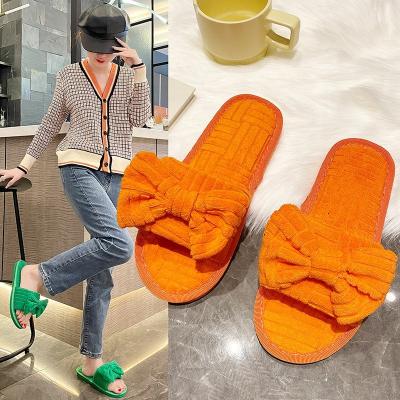 China Green Terry Slides Bowknot Fashion Trend Slippers Winter Soft Home Towel Slippers Non-slip Slides For Women for sale