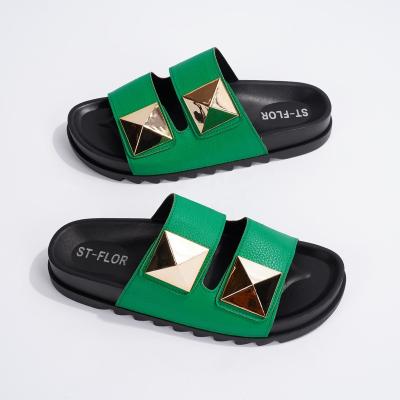 China Fashion Trend Hot Sale Shoes Fashion Styles OOTD Shiny Gold Buckles Rivets Running Style Birken Slides Slip On Flip Flops Sandals Flat Shoes for sale