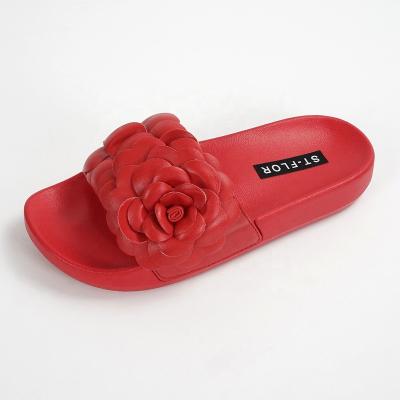 China Cushioning Shoes Import-Export PVC Female Slides Slippers With PU Leather Flower ODM Customized Summer Flat Shoes for sale