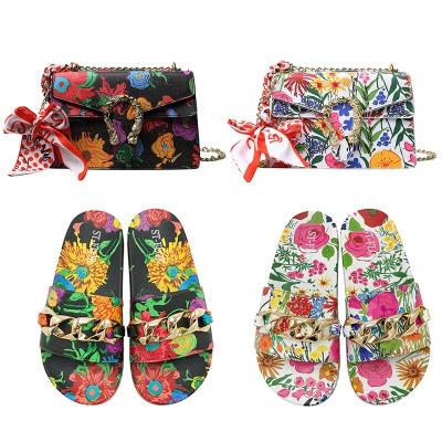 China Newest Waterproof Multi Sets Fashion Flower Handbags Tote Bags Purses & Slides Sandals & Slippers Sets For Women for sale