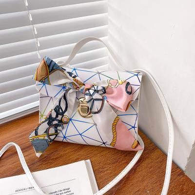 China Fashion Bow Decor Geometric Graphic Satchel Bag With Twilly Scarf PU Women Handbags Waterproof Cross - Body Bag Double Employed for sale