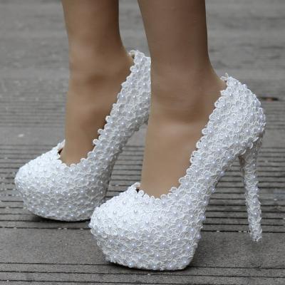 China Crystal Queen Fashion Women Round High Heels Wedding Ultra Pumps Elegant Lace Platform Pearl Sexy Shoes for sale