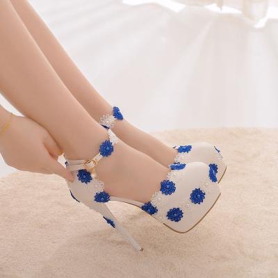 China Crystal Queen White Lace High Round Heels Platform Around Blue Flower Bride Wedding Shoes Pumps Sandals for sale