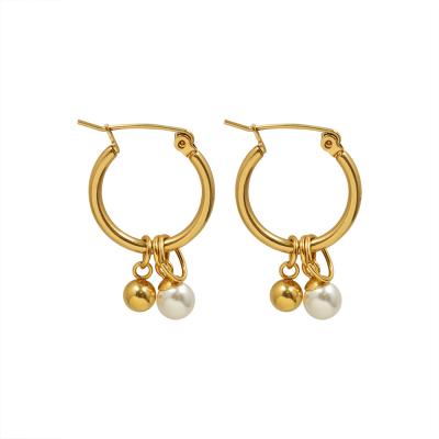 China FASHIONABLE 18K gold plated stainless steel earrings french fashion pearl gold circle imitation pearl earrings for sale