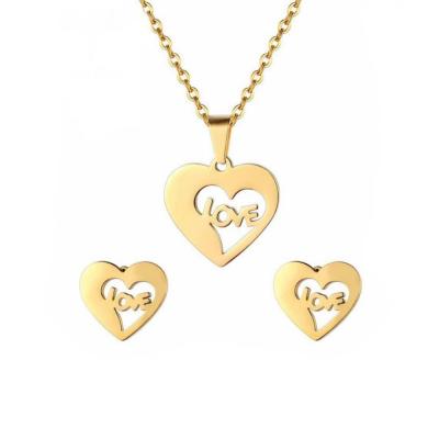 China Environmental Friendly Necklace Stainless Steel Heart Shape Heart Stud Earrings Pendant Hollow Necklace Set For Women Jewelry for sale