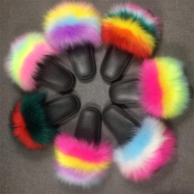 China Custom Made Fashion Trend Price Update Faux Fox Fur Furry Faux Raccoon Fur Slides Good Quality Cheap Hairy Fur Slipper For Women for sale