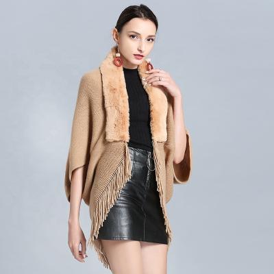 China Newest European Women Fur Cape With Faux Fox Fur Trim Knitted Faux Fur Shawl For Women Winter Warm for sale