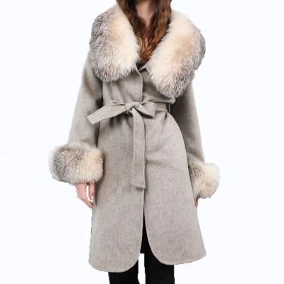 China 2020 anti-shrink new fashion wool blend coat jacket with natural fox fur collar sheath long winter jacket for sale