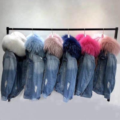 China Fashion denim anorak jeans fur jacket fox fur lining winter jacket genuine viable women thick warm coats with fur hood for sale