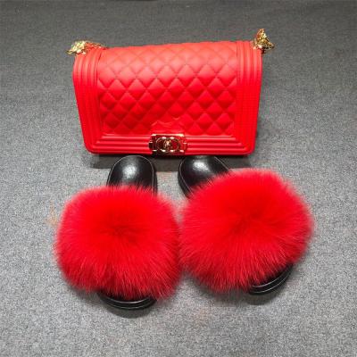 China 2021 New Fashion Breathable Bag Luxury Fur Slipper Sets Women Real Fox Fur Slides With Matching Bag for sale