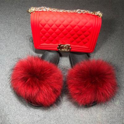 China Wholesale Fashion Trend Women's Fur Jelly Bag Purse Set Handbag Slippers with Real Fox Fur Slides Medium Fluffy Fur for sale