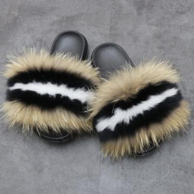 China 2021 New Design Women's Anti-Slippery Fur Slides Real Fox Fur Slippers For Lady Traveling Shoes Summer Fur Sandals for sale