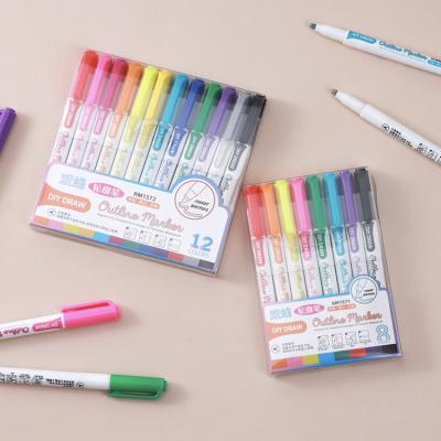 China Studenten Plastic Double Line Contour Pen Graffiti Handbooks Multi Color Highlighter Pen Te koop