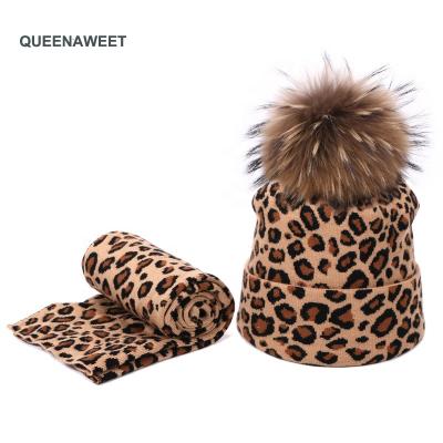 China breathable & Real Leopard Print Waterproof Pom Pom Hat Beanie Scarf Set Fur Knitted Designer Women Winter Scarf and Hat Set for sale