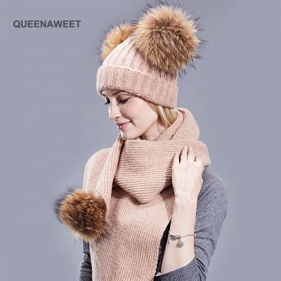 China breathable & Real Waterproof Winter Raccoon Fur Pom Pom Hats And Scarf Women Hat With Double Fur Pom Beanie Hat Knit for sale