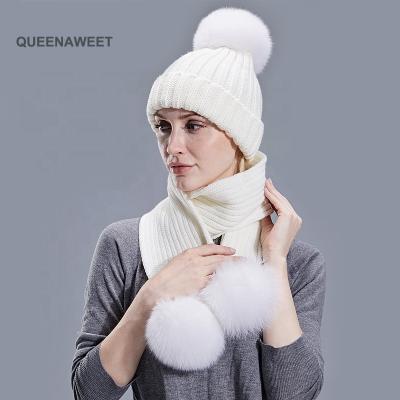 China breathable & Winter Waterproof Warm Knit Beanie Hat Women Patterns Angora Fox Fur Pom Pom Hat And Scarf Wholesale and Scarf Set for sale