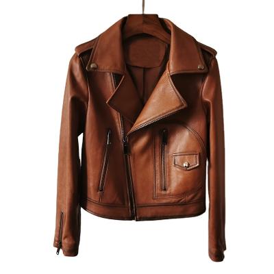 China Breathable Vintage Motorcycle Real Fur Jacket Slim Waist Women Sheepskin Tops Skin Leather Jackets for sale