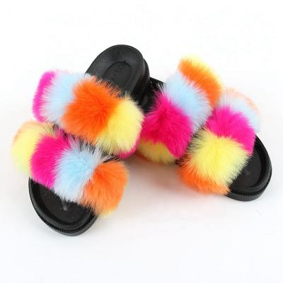 China 2020 Fox Fur Slippers Light Warm Faux Fur Slides For Women Custom Made Women Sandals Fashion Two Strap Fur Slides for sale