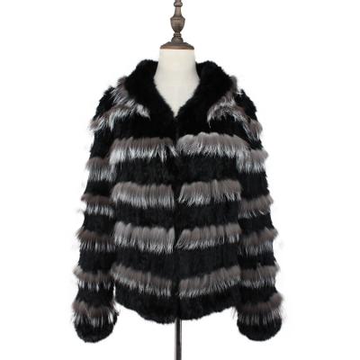 China Factory Wholesale Breathable Knitted Silver Fox Fur Real Rabbit Fur Stripe Jacket Outerwear Fur Coat With Hood Winter for sale