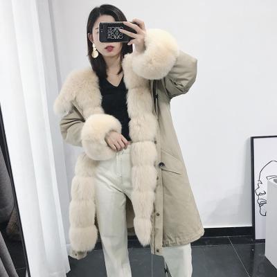 China Fashion Women Breathable High Quality Parka With Real Fur Rabbit Striping Fox Fur Collar Fur Parka Coat for sale