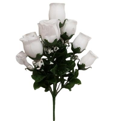 China Artificial Tissue Flower Silk Flower 10 Main White Rosebud Bush For Home Decor for sale